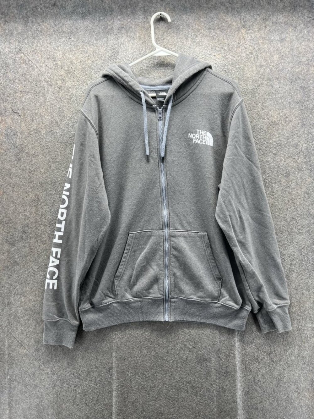 The North Face Hoodie Mens Large Gray Full Zip Fleece Sleeve Logo Sweatshirt